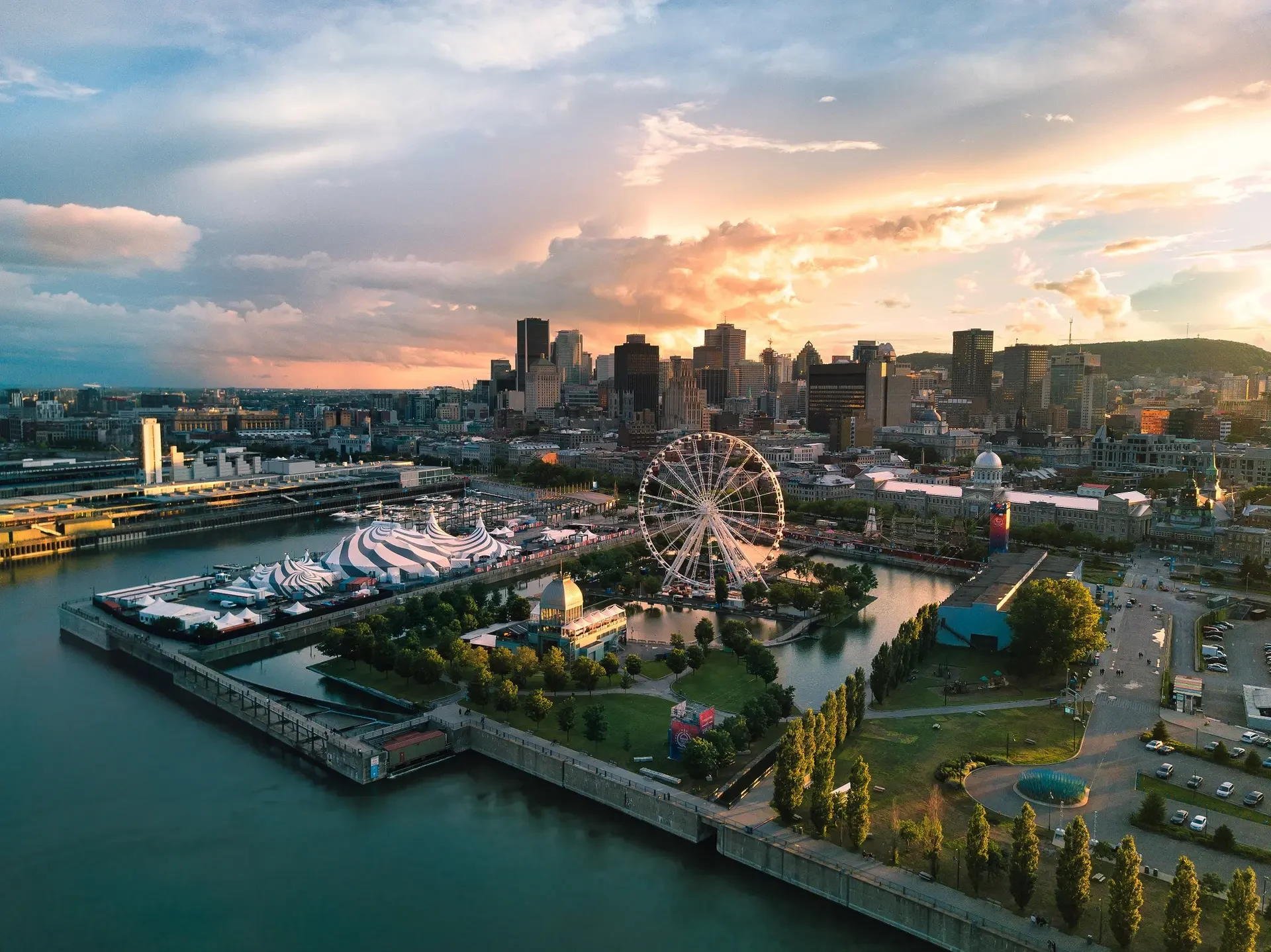 Aerial view of Montréal and the Old Port at sunset